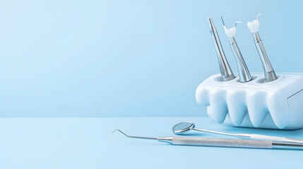 Dental instruments arranged on a holder against a soft blue backdrop with studio lighting for medical purposes