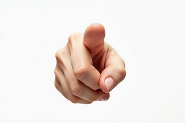 Hand pointing directly at the viewer, isolated on a white background.