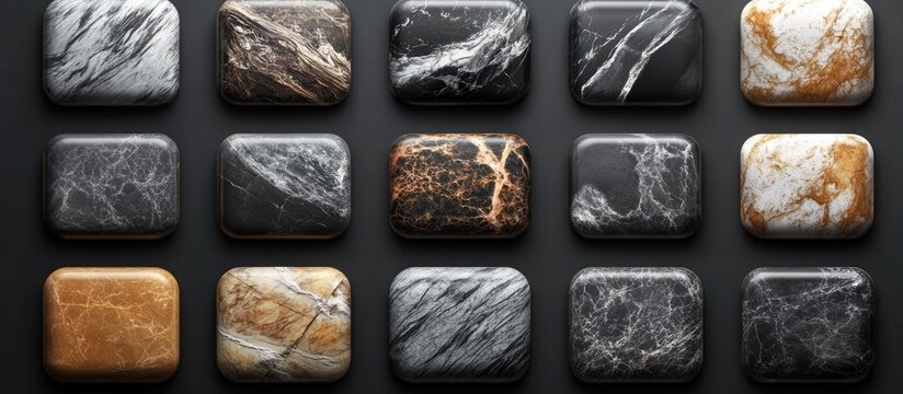 Modern Stone UI Button Collection featuring 16 rectangular buttons with varying textures in shades of black, gray, and gold on a dark background.