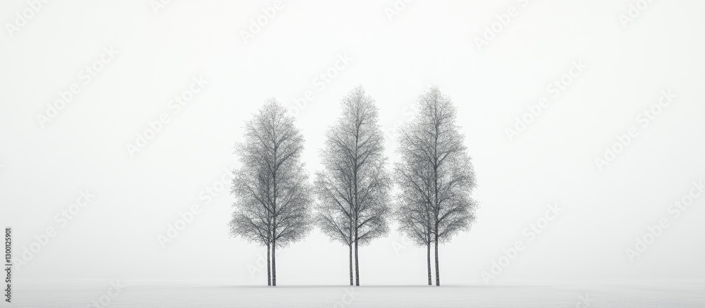 Poster Three tall, slender trees with bare branches standing in a row on a foggy white background, creating a serene and minimalist composition.