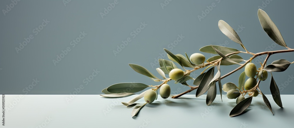 Aufkleber elegant olive branch with ripe green olives resting on a soft gray surface, against a muted teal bac