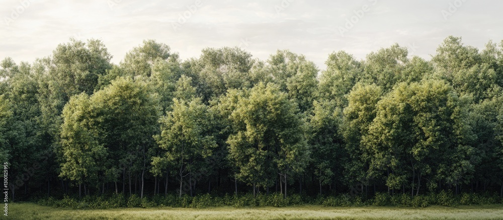 Fototapete lush green forest edge with a mix of deciduous and coniferous trees under a soft pale sky, foregroun