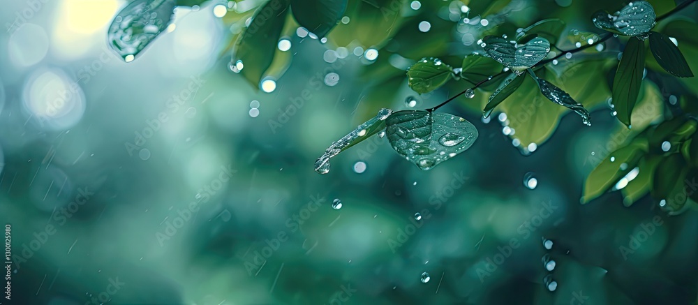 Poster Water droplets glisten on vibrant green leaves in a blurred background with soft bokeh effect showcasing tranquil nature and ample copy space.