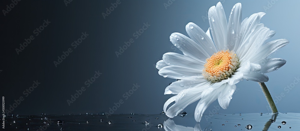 Aufkleber Fresh daisy flower with water droplets positioned on the right against a gradient gray background, providing ample space for text or images.