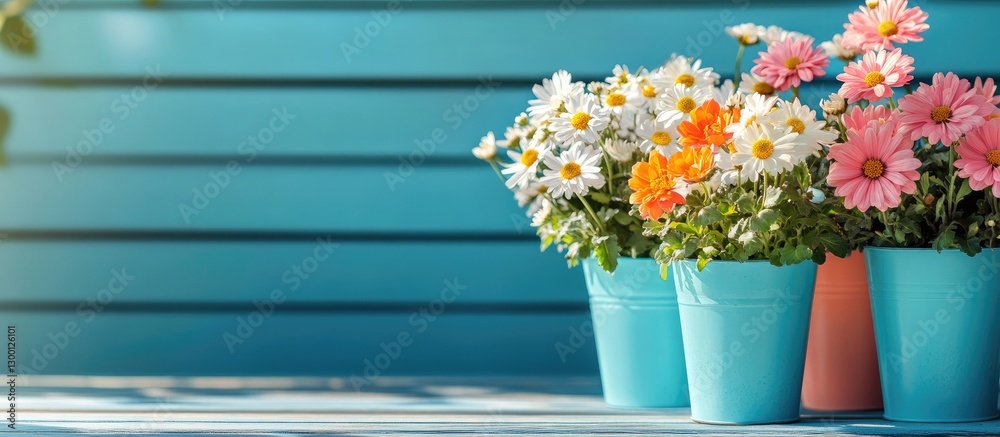 Poster colorful spring flowers in light blue and pink pots arranged on a wooden table against a teal stripe
