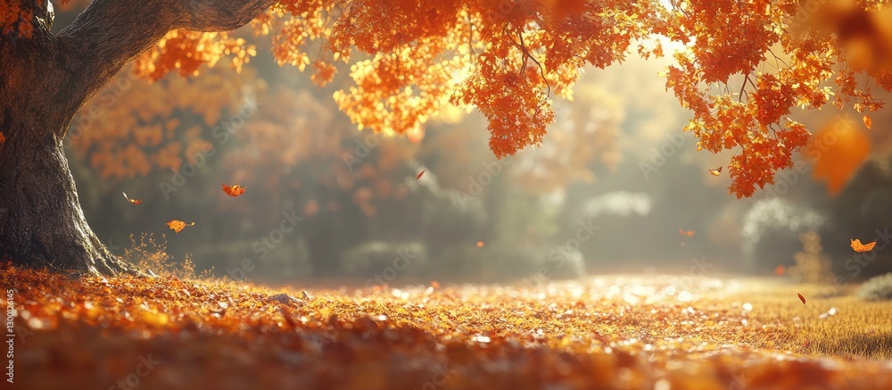 Leinwandbilder Autumn landscape featuring vibrant orange and yellow leaves falling from an ancient tree with soft sunlight filtering through, creating a serene atmosphere.
