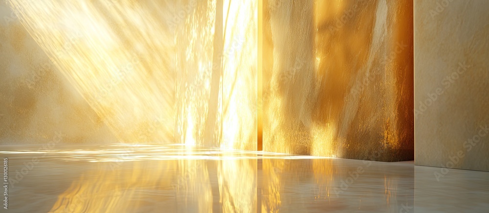 Aufkleber Warm golden light beams radiate softly across a reflective surface, creating a serene and tranquil atmosphere with a hint of comfort.