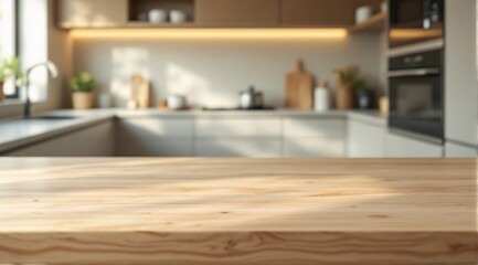 A clean wooden kitchen table with a sharp focus in the foreground, with a modern minimalist kitchen faintly visible in the background.