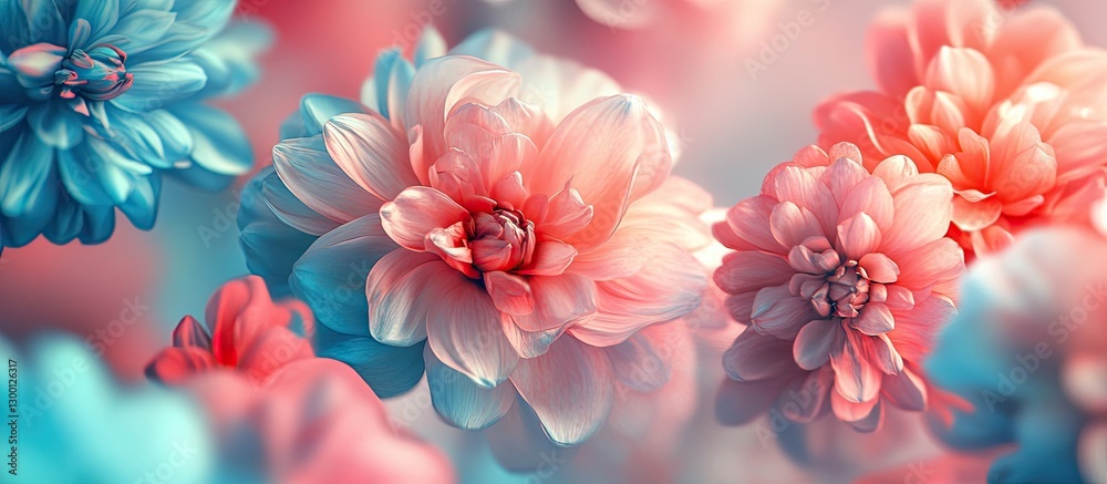 Leinwandbilder pastel colored macro image of vibrant turquoise and pink flowers with soft textures and gentle gradi
