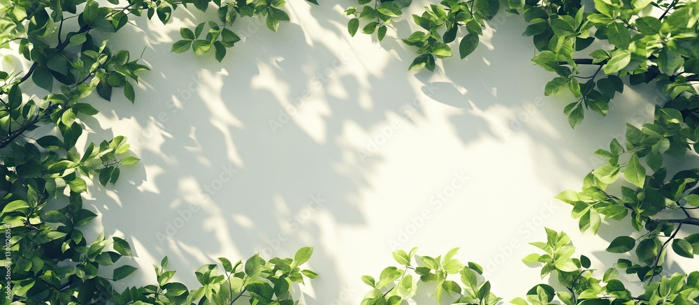 Fototapete lush green leaves framing a soft light background creating a serene botanical atmosphere perfect for