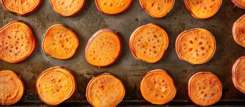 Poster vibrant orange sweet potato slices neatly arranged on a dark metal tray with ample copy space, showc
