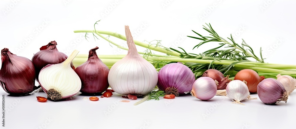 Poster Colorful assortment of shallots and onions arranged horizontally on a white background with fresh herbs adding green accents to the composition.