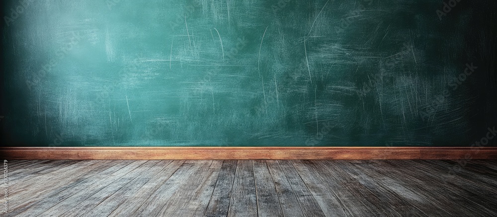 Aufkleber chalk texture on a blank green chalkboard background with wooden flooring, creating a school educati