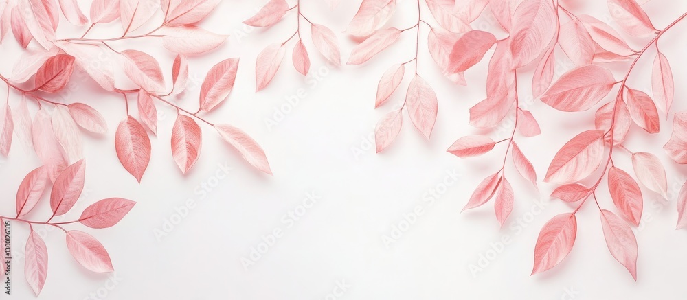 Poster minimalist white backdrop with soft pink leaves elegantly arranged in the top corners creating a fre