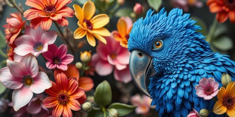  Loro Azul con Textura en Óleo y Fondo de Flores Exóticas en Colores Vibrantes