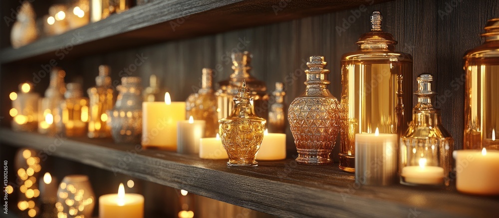 Aufkleber elegant wooden shelves adorned with shimmering golden bottles and soft glowing candles create a warm