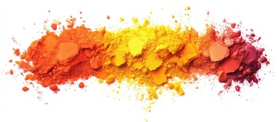 Fototapeta premium Bright orange and yellow watercolor pigments arranged horizontally on a white background, showcasing vibrant textures and delicate color interplay.