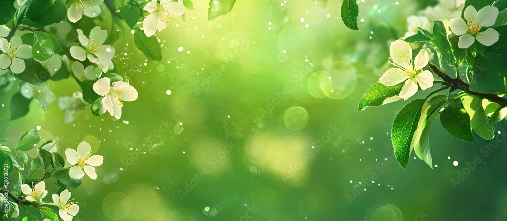 Poster spring apple blossoms with delicate white flowers and vibrant green leaves, softly blurred backgroun
