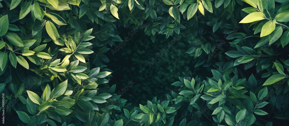 Aufkleber lush green leaves create a vibrant frame with a dark center in this fresh spring nature background, 