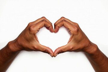 Obraz premium Dark-skinned hands forming a heart shape, isolated on a white background.