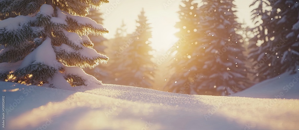 Poster winter sunrise over snow-covered landscape with soft golden light filtering through evergreen trees 