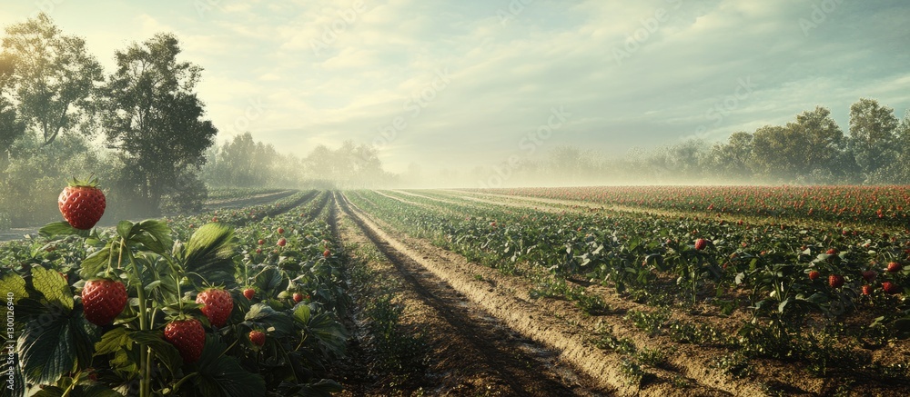 Poster lush strawberry fields with vibrant red strawberries in the foreground, green rows of plants stretch