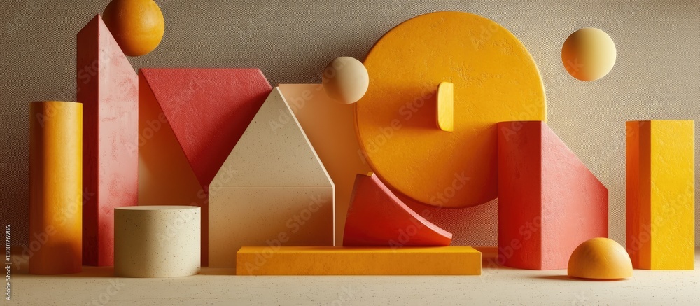 Poster dynamic composition of geometric shapes in warm shades of orange and yellow, arranged in various dir