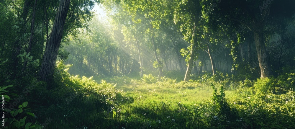 Leinwandbilder lush green forest illuminated by soft sunlight filtering through trees in vibrant springtime setting