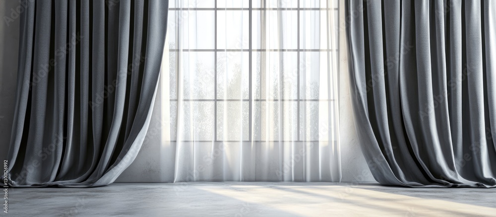 Leinwandbilder spacious interior with large window adorned with flowing gray geometric patterned curtains, natural 