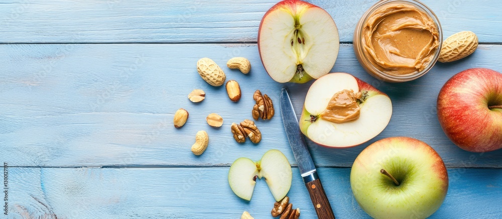 Aufkleber fresh apple slices with creamy peanut butter in a clear bowl on a light blue wooden table featuring 