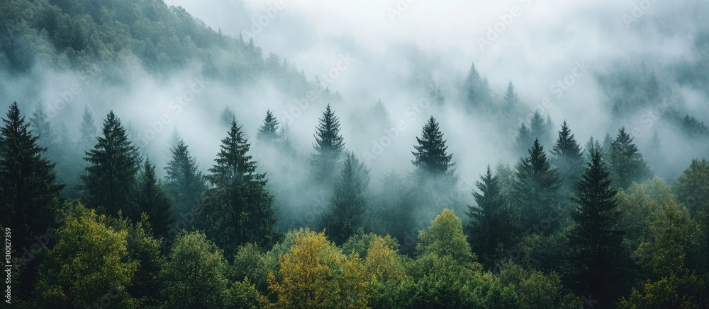 Poster Misty mountains in a captivating landscape with atmospheric fog above lush green and yellow trees in the foreground creating a serene ambiance
