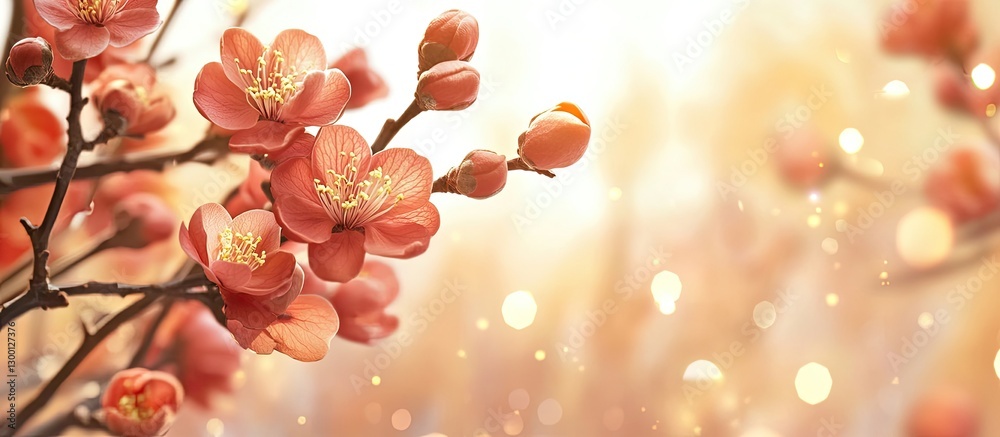 Poster delicate peach blossom branches in soft focus against a warm golden background with bokeh effects, e