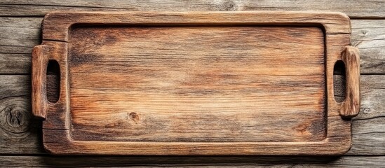 Obraz premium Rustic wooden surface background featuring a textured wooden board with handles positioned centrally and warm brown tones throughout.