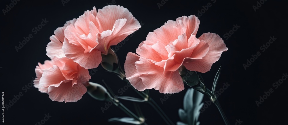 Poster delicate soft pink carnation blooms with layered petals against a deep black backdrop emphasizing el