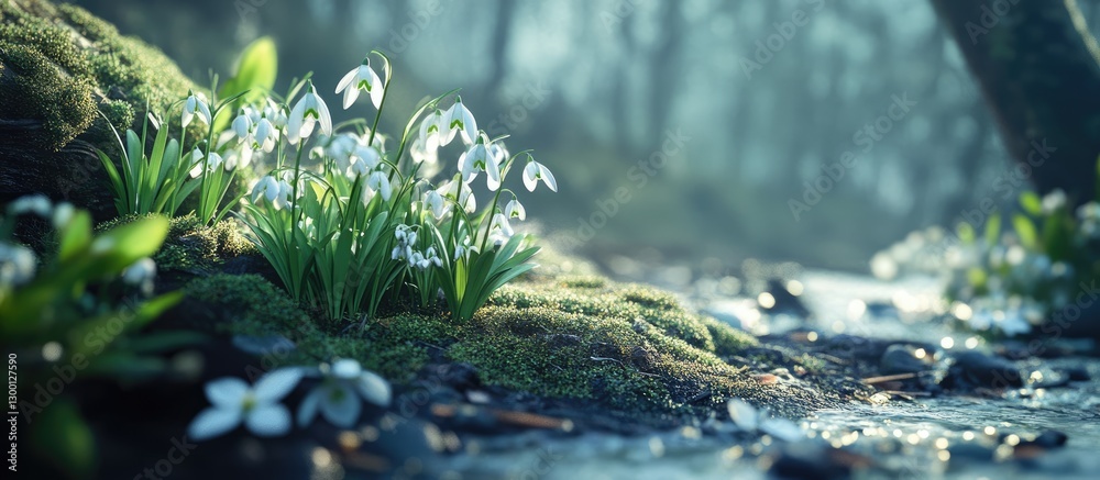 Poster close up of delicate spring snowdrops blooming on lush mossy ground with soft green tones and gentle