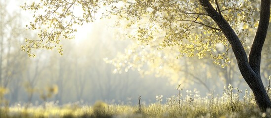 Sunlit spring forest scene with soft green tree branches and delicate young leaves, golden light filtering through a blurred background.