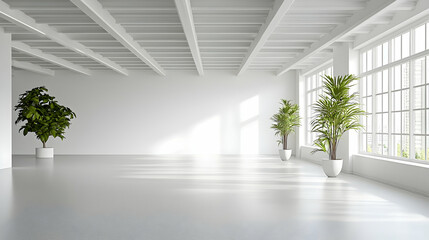 Modern Minimalist White Interior Room with Green Potted Plants and Large Windows Creating Bright Sunny Atmosphere