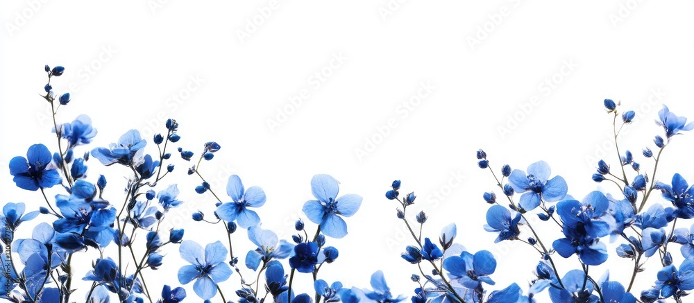 Poster blue flowers with delicate petals arranged across the top edge on a white background, creating a fre