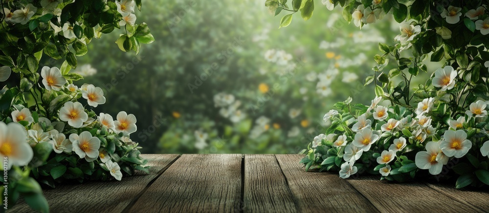 Poster vibrant white and yellow flowers framed by lush greenery on a wooden surface creating a serene sprin