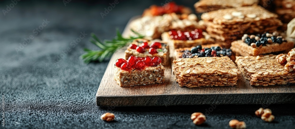 Poster rustic wooden board displaying a variety of crunchy rusks and crispbreads topped with colorful fruit