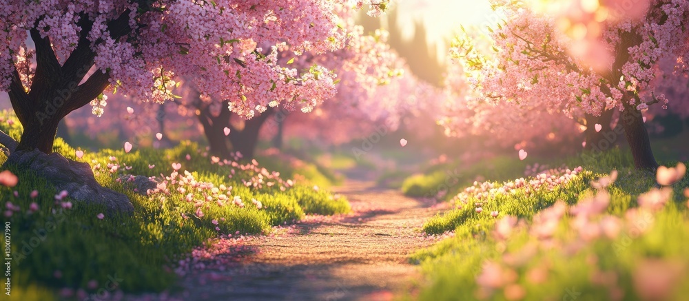 Aufkleber Blossoming cherry trees line a serene pathway with vibrant pink flowers and glowing sunlight creating a tranquil spring atmosphere.