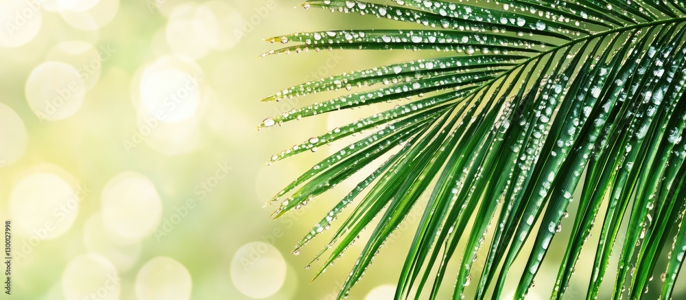 Fototapete palm leaf with water droplets in vivid green positioned right against a softly blurred natural backd