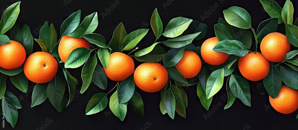 Poster vibrant tangerines arranged on a dark background with lush green leaves creating a striking contrast