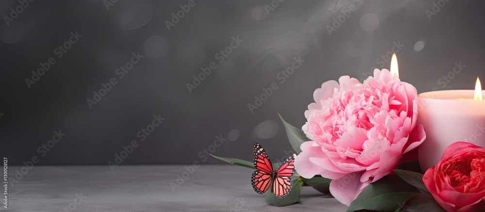 Poster soft pink peonies and red roses beside lit candles with delicate butterflies on a textured gray back