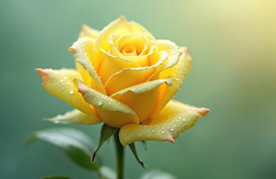 Extreme close-up of single yellow rose with water dew drops on petals. Perfect blossom with soft sunlight and blurred green backdrop. Fresh, beauty, vibrant color. - Powered by Adobe