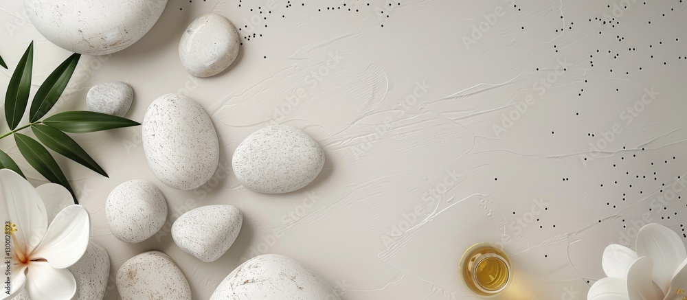 Poster Flat lay image featuring white spa stones and green leaves on a light beige background with aromatic oils in a cup creating a calming ambiance.