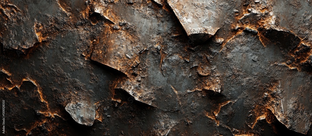 Poster rusty metal surface with jagged, peeling fragments in dark gray and brown tones showcasing wear and 