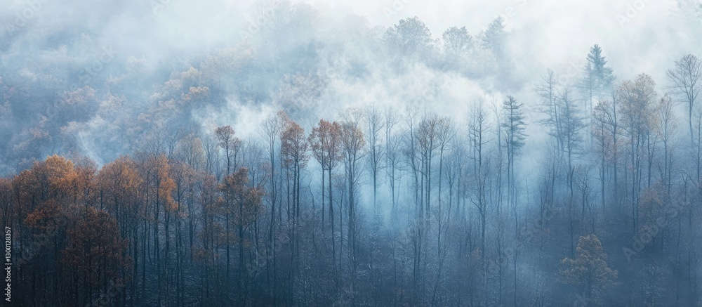 Poster misty autumn landscape featuring layered trees in shades of blue and orange, with soft fog envelopin