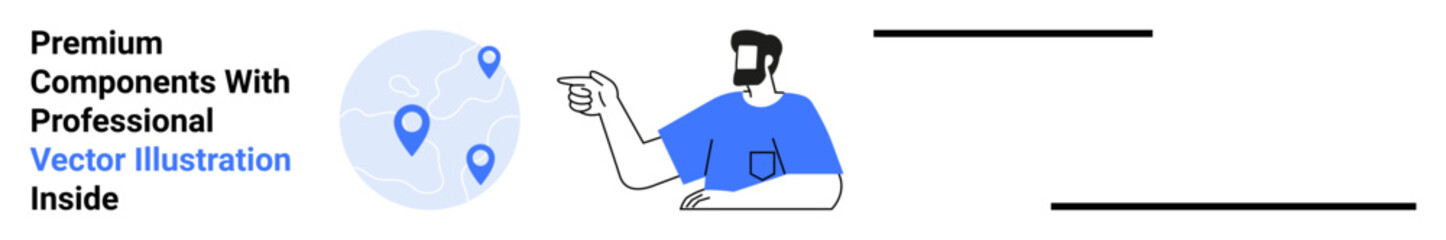 Man in blue shirt pointing at world map with location pins, indicating global interconnectivity and navigation. Ideal for business, logistics, travel, analytics, geolocation, software, flat landing