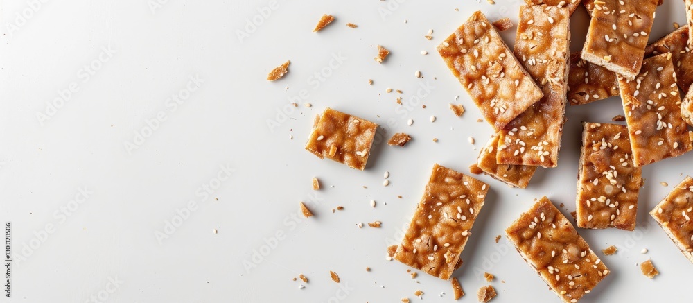 Aufkleber Tempeh slices scattered on a light gray background with empty white space on the left for text or content placement